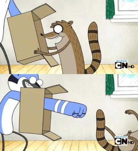 Mordecai Punches Rigby Through a Box