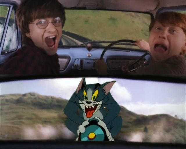 Tom chasing Harry and Ron Weasly